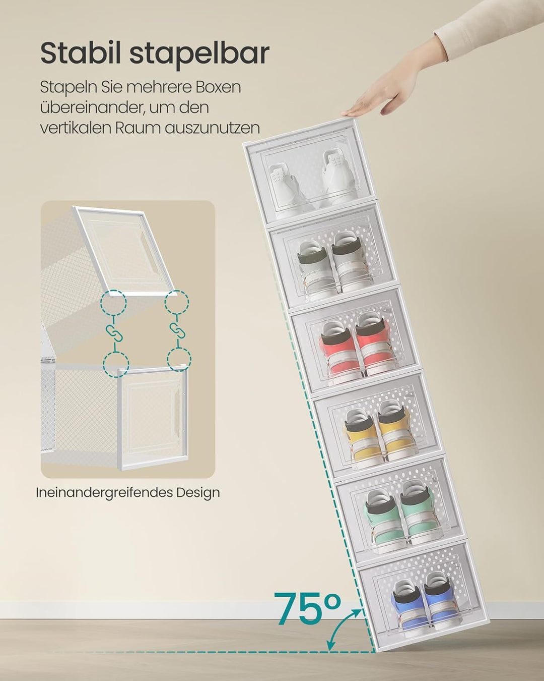 SONGMICS Schuhboxen, 18er Set, Aufbewahrungsboxen für Schuhe, Schuh-Organizer, Kunststoffboxen, falt