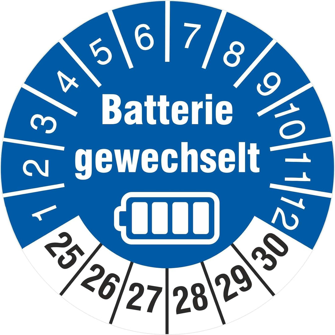 500 Prüfetiketten Batterie gewechselt 30 mm Batteriewechsel durchgeführt 2025-2030 Prüfplaketten 500