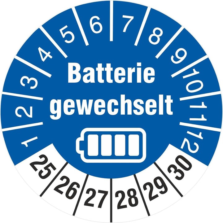 500 Prüfetiketten Batterie gewechselt 30 mm Batteriewechsel durchgeführt 2025-2030 Prüfplaketten 500