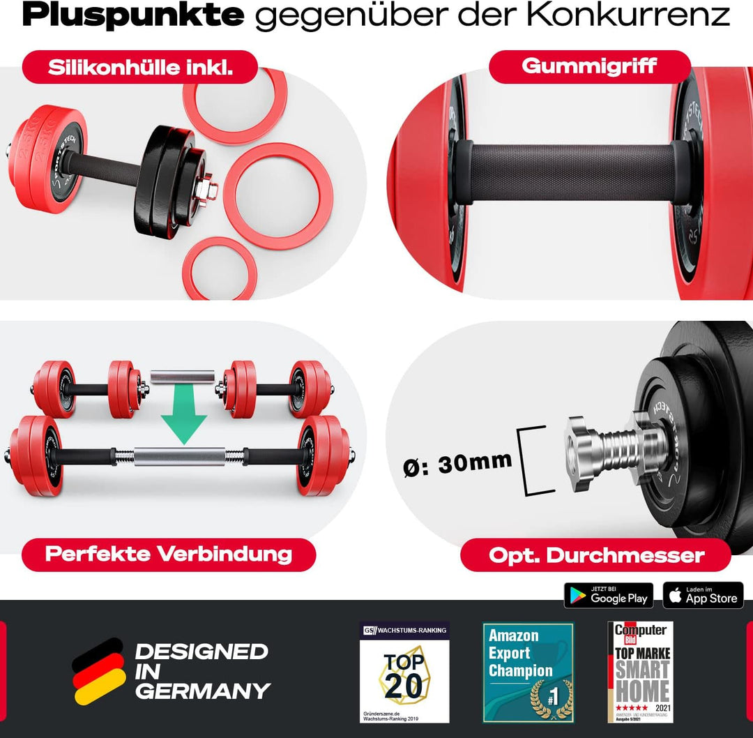 Sportstech 2in1 innovatives Hantelset mit Silikonüberzug, Kurzhanteln & Langhantel in einem, Hanteln
