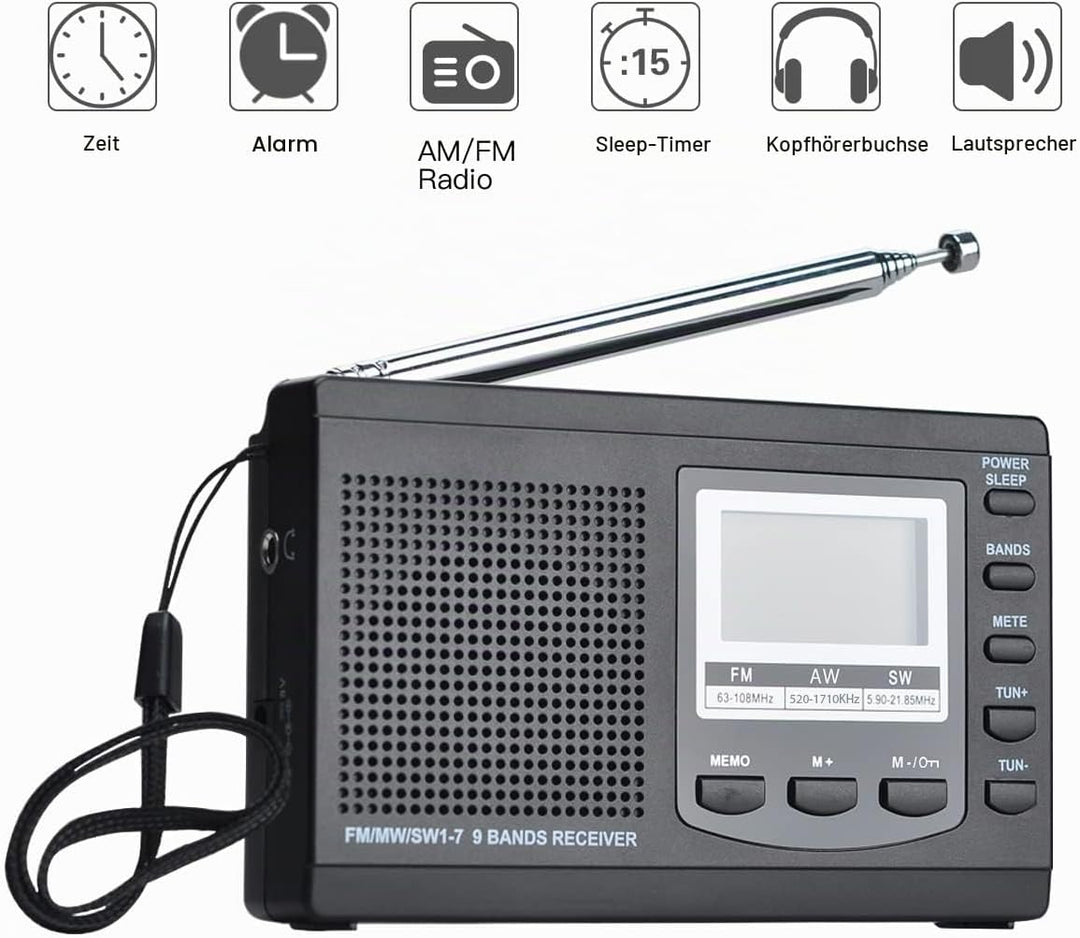 COVVY AM/FM / SW1-7 Tragbarer 9-Band-Radioempfänger mit Lautsprechern und Kopfhörern, ausgezeichnete