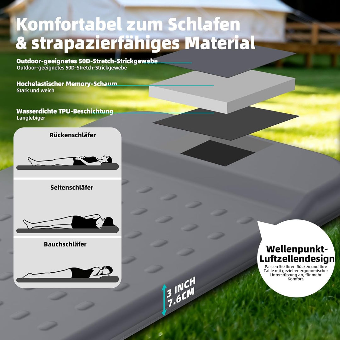 KASIMO Isomatte Selbstaufblasend Camping Matratze, R-Wert 9,5 Ultra-Dicke Memory-Foam Schlafmatte mi