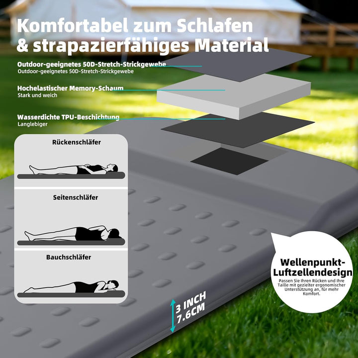 KASIMO Isomatte Selbstaufblasend Camping Matratze, R-Wert 9,5 Ultra-Dicke Memory-Foam Schlafmatte mi