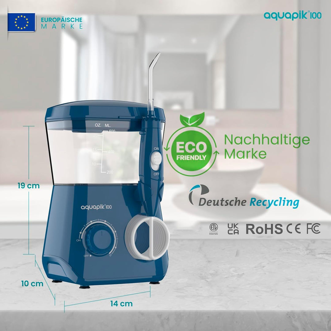 Aquapik® 100 professionelle Munddusche | Plaqueentferner + von Zahnärzten empfohlen | 8 Düsen, 10 Dr