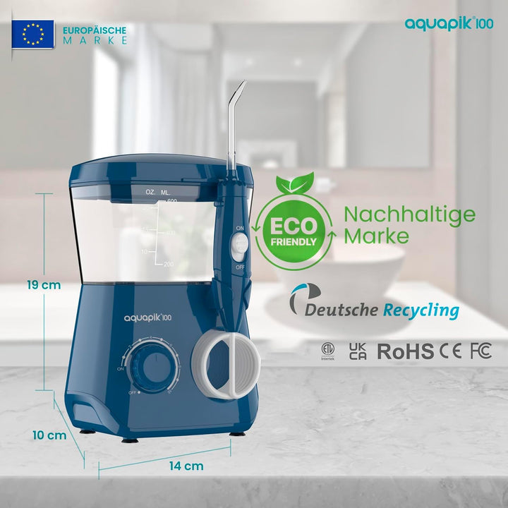 Aquapik® 100 professionelle Munddusche | Plaqueentferner + von Zahnärzten empfohlen | 8 Düsen, 10 Dr
