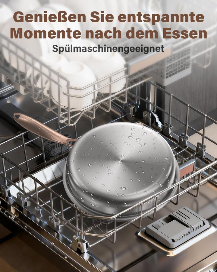 Edelstahlpfanne 28cm unbeschichtet, Titan Pfanne Induktion, 18/10 Edelstahl Bratpfanne mit Roségoldg