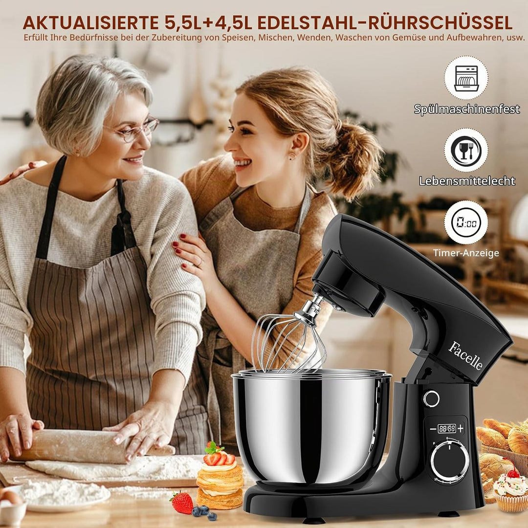 Küchenmaschine Knetmaschine 1500W | Facelle 5,5L &amp;4,5L Teigmaschine Rührmaschine | Geräuscharm| 10+P