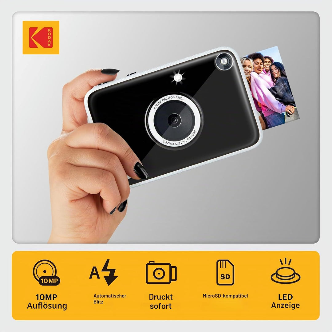 Kodak Printomatic+ Sofortbild Digitalkamera 10MP mit RGB LED, druckt Vollfarb-Fotos auf Zink 2x3” Pa