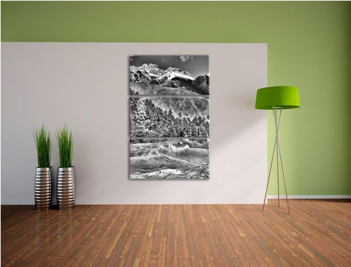 Pixxprint Monocrome, Kalksteinterrassen in Huang Long 3-Teiler Leinwandbild 120x80 Bild auf Leinwand