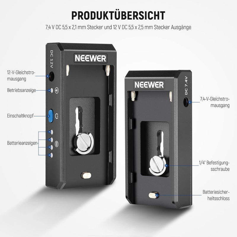 NEEWER NP-F Akkuadapterplatte für DSLR und spiegellose Kameras, mit LED-Betriebsanzeigen, 12 V Gleic