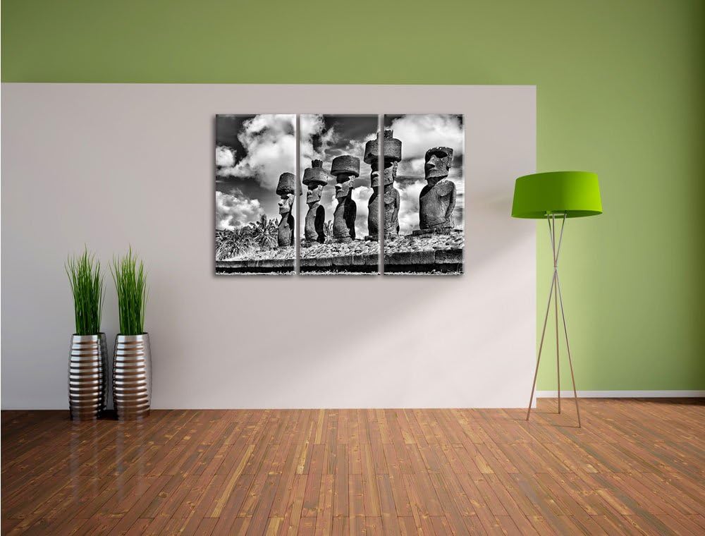 Pixxprint Monocrome, Moai Statuen auf den Osterinseln am Tag 3-Teiler Leinwandbild 120x80 Bild auf L