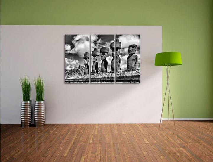 Pixxprint Monocrome, Moai Statuen auf den Osterinseln am Tag 3-Teiler Leinwandbild 120x80 Bild auf L