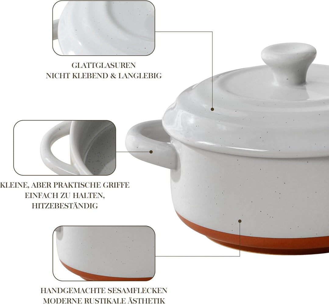 MALACASA Mini Cocotte Set 440 ml, 4 Stück Auflaufform Klein aus Steingut mit Deckel und Griffen, für