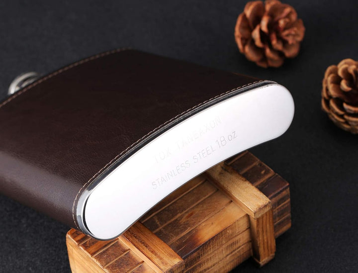 18 oz Coffee Color Stainless Steel Large Capacity Whiskey Liquor Hip Flask with Leather Wrapped, TOX