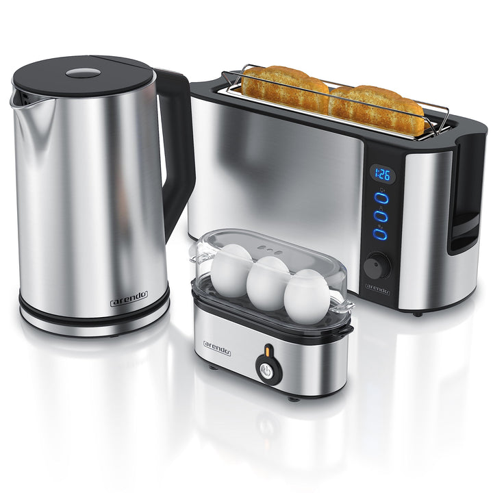 Arendo - Wasserkocher mit Toaster SET und Eierkocher Edelstahl Silber, Wasserkocher 1,5L 40° - 100°C