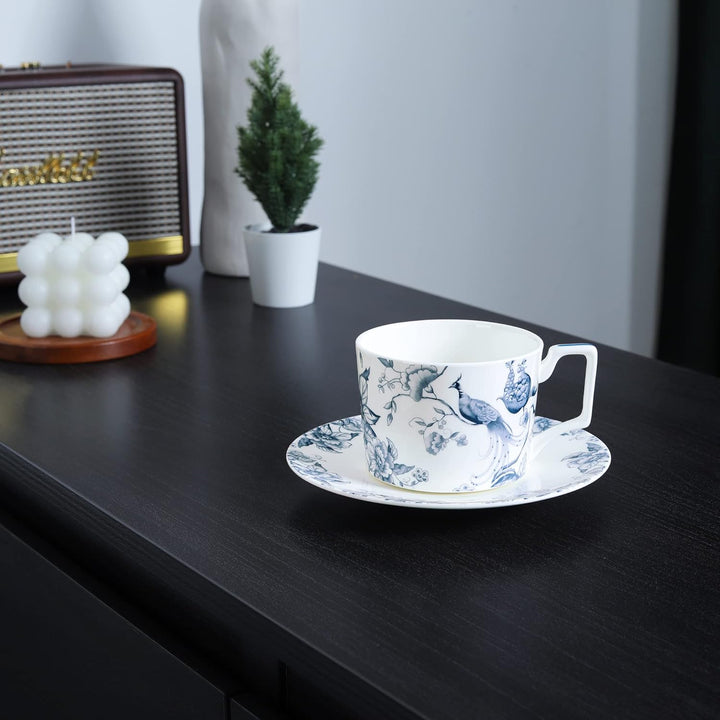 fanquare 250ml Bone China Teetasse und Untertasse Set für 1, Blaue und Weisse Kaffeetasse mit Teller