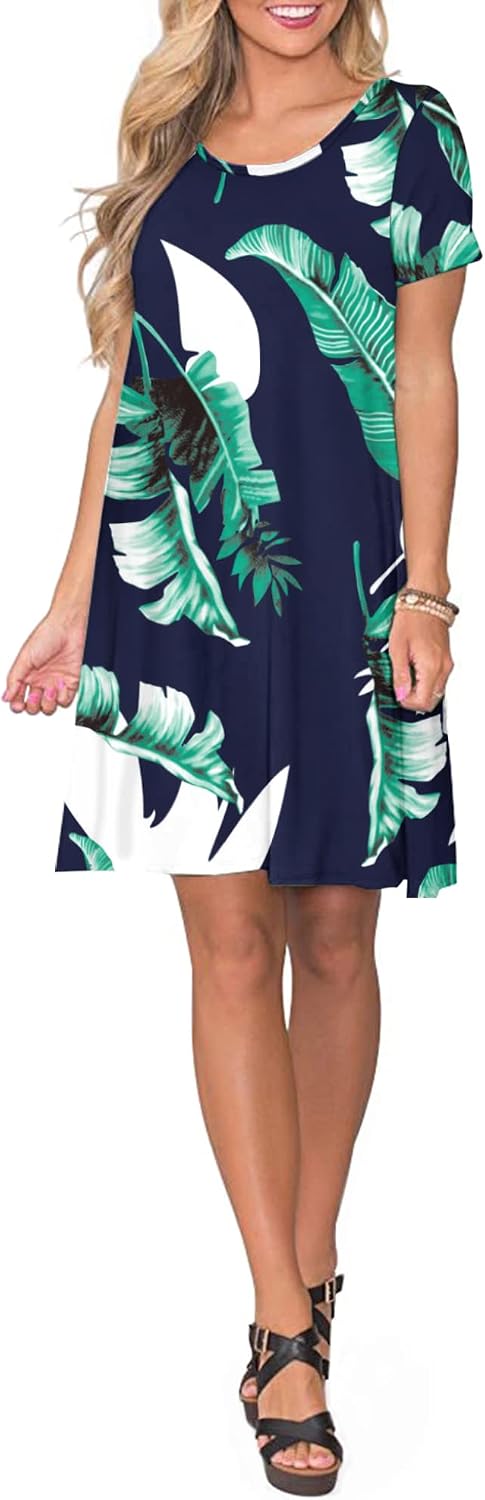 AUSELILY Damen Kleider Sommer Kurzarm Shirtkleider Kurz Sommerkleider Leicht Freizeitkleid mit Tasch