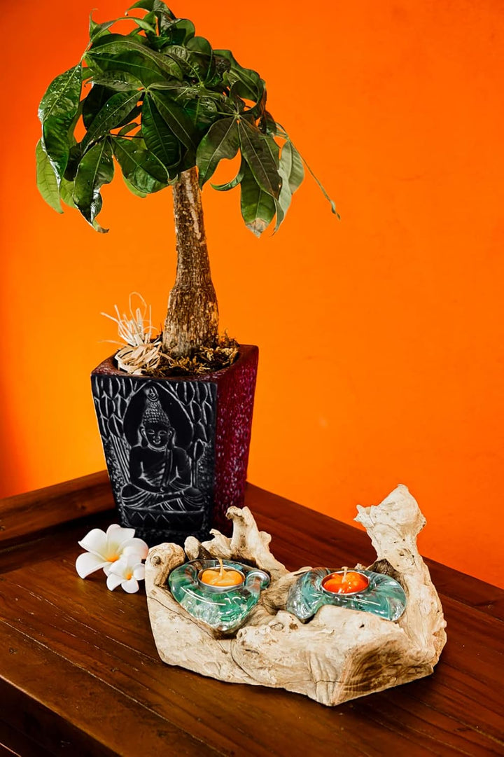 Geschmolzenes Glas auf Wurzelholz Teelichthalter | individueller Kerzenständer mit 1-3 Lichter (2er