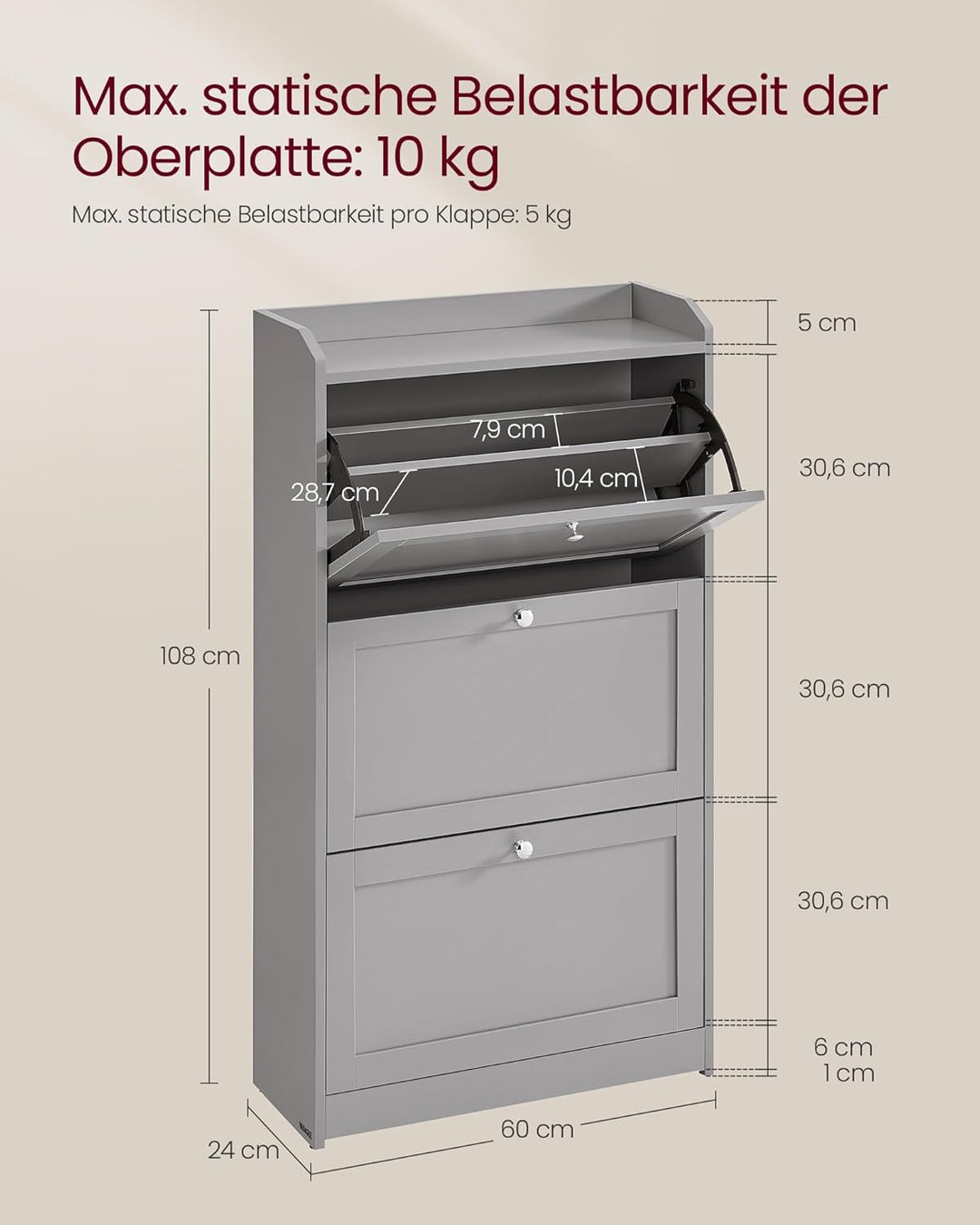 VASAGLE Schuhschrank 3 Klappen, Schuhkipper, Schuhregal, Schuhaufbewahrung, Oberplatte, Trennwand ve