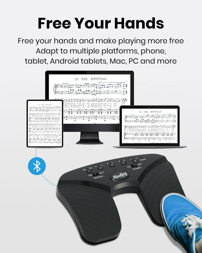 Moukey Wireless Page Turner Pedal, USB wiederaufladbare Page Flip Pedal für Tablets, Schwarz MBP-1,