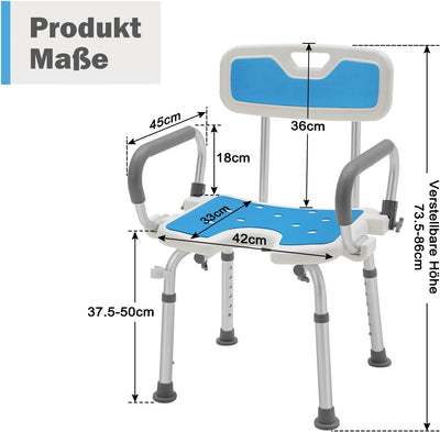 UISEBRT Duschstuhl mit Abnehmbaren Armlehnen und Rückenlehne, Duschhocker Höhenverstellbar Badhocker