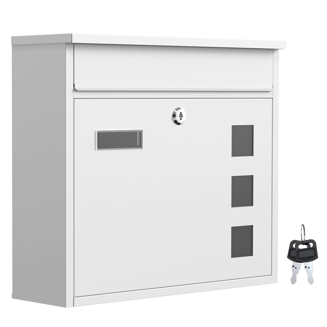 Wiltec Briefkasten V12 weiss 360 x 115 x 320 mm, Wandbriefkasten mit Schloss, Sichtfenstern und Name