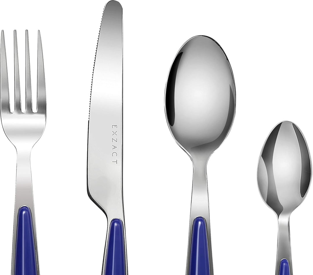 EXZACT Rostfrei Stahl Besteck Set einem Plastikhalter 16 PCS - Farbige Griffe - 4 Gabeln, 4 Messer,