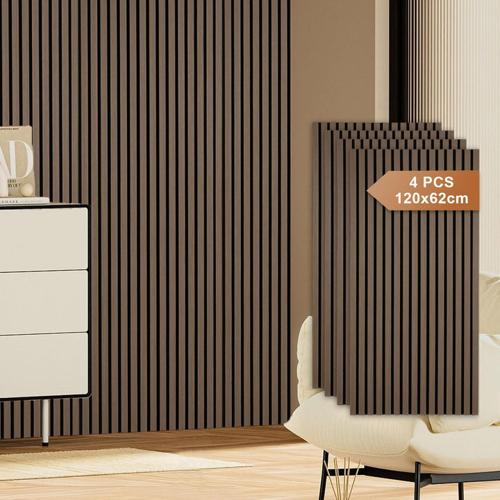 Fiqops 4X Akustikpaneele Holz 120x60cm Wandpaneele aus Holzfunier und Filz,Holzpaneele Walnussfarbe,