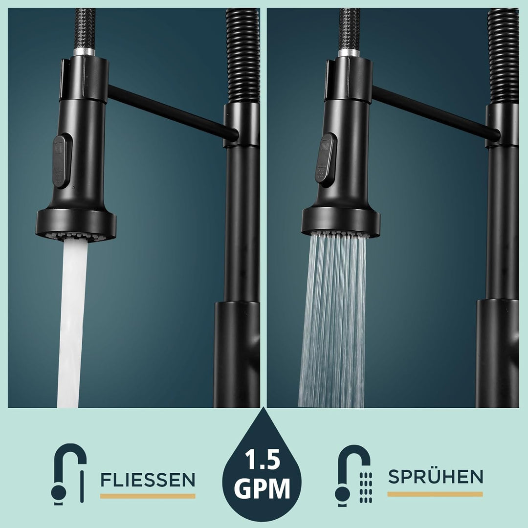 FORIOUS Wasserhahn Küche Schwarz, Edelstahl-Wasserhahn Küche Ausziehbar Brause, Einhebelmischer Misc