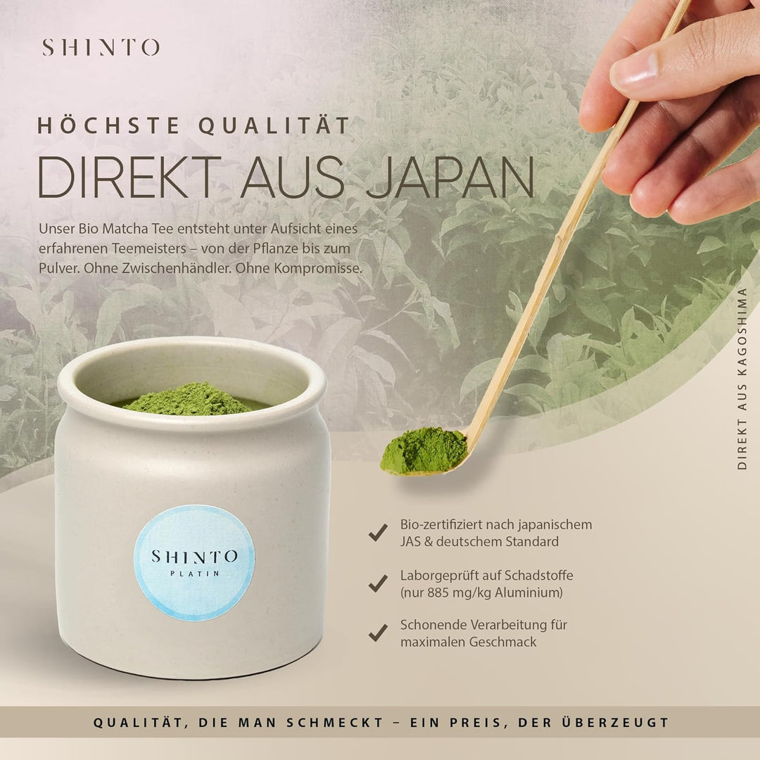 Matcha Tee Set Shinto® Platin - Ceremonial Bio Grüntee-Pulver - beschattet & handgepflückt aus Uji J