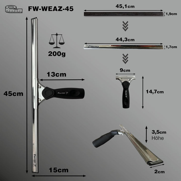 FenWi Fensterabzieher in 45cm Breite/Duschabzieher/breiter Abzieher mit Edelstahl-Abziehschiene für
