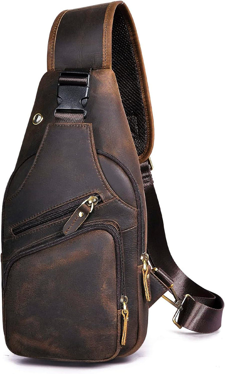 Le'aokuu Herren Echtes Leder Brusttasche Umhängetasche Sport Outdoor Messenger Bag Wanderrucksäcke（8