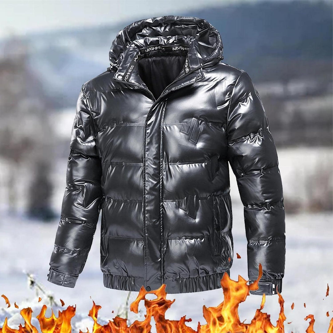 Daunenjacke Herren Glänzend Winterjacke Dicke Übergangsjacke mit Kapuze Lange Ärmel Mode Warm Outdoo