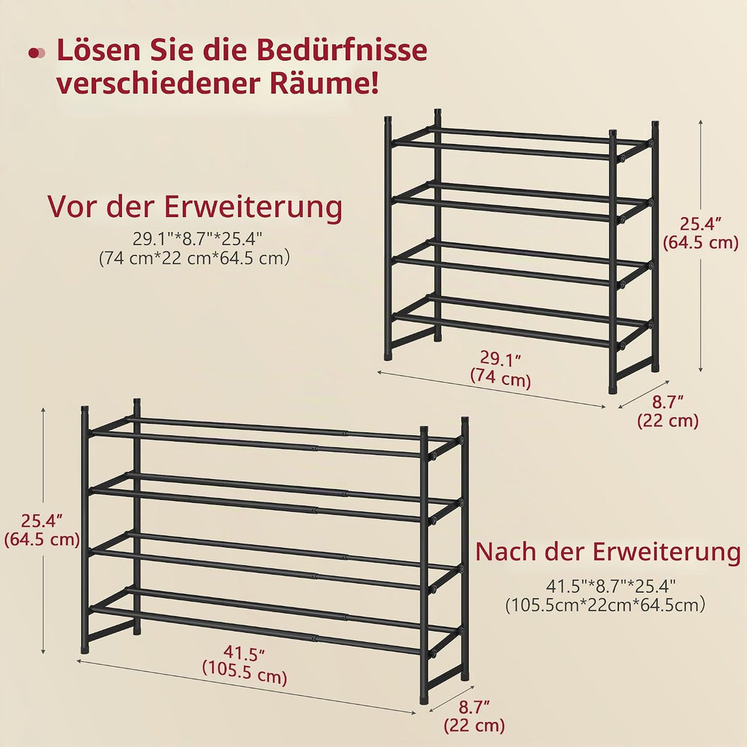 Tajsoon Schuhregal 4 Ebenen, 74–104 cm verstellbar &amp; stapelbar, für Eingang, Kleiderschrank, Garage,