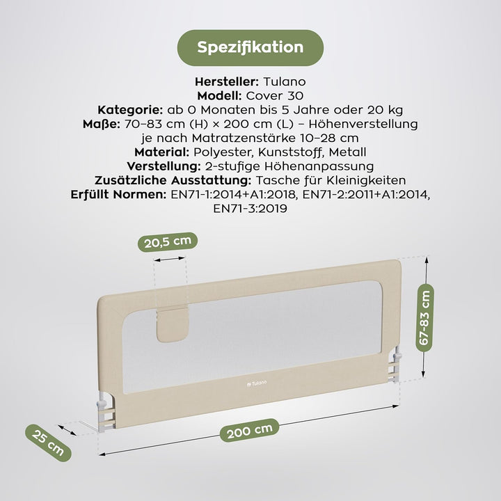 TULANO Cover 30 Bettgitter 200 cm, Rausfallschutz für Kinderbett, Klappbar 180°, Zwei Höhen, Atmungs