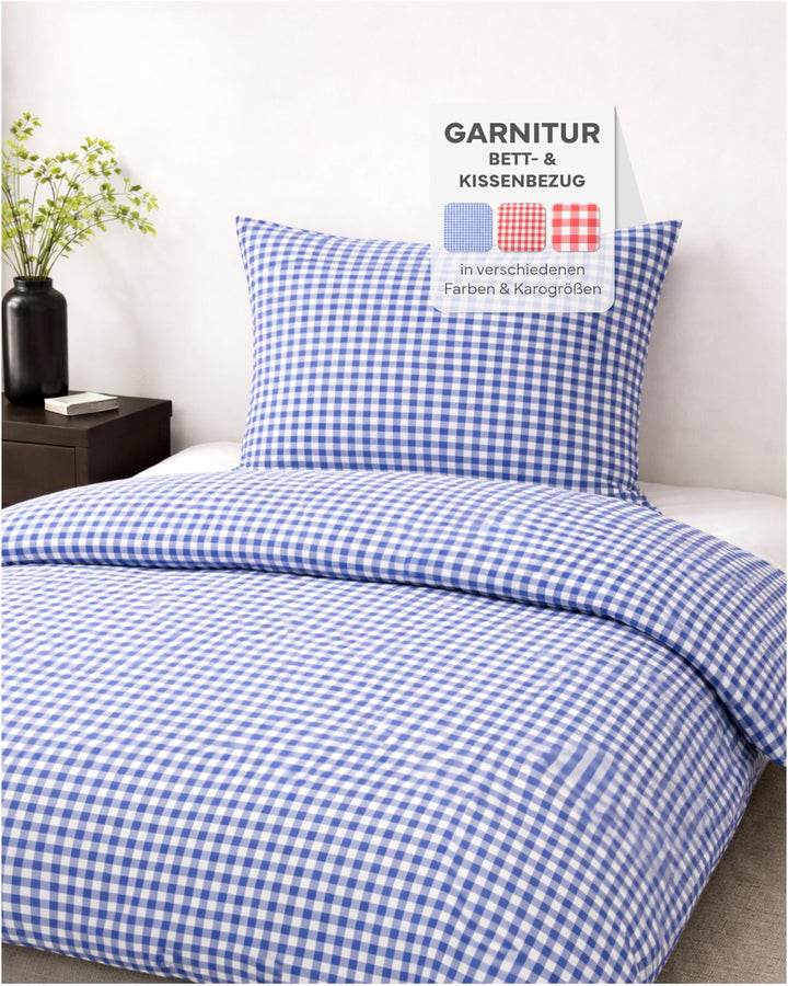 Landhaus Bettwäsche Garnitur 2-teilig 135 x 200 cm + 80 x 80 cm Baumwolle kariert blau-weiss Blau-we