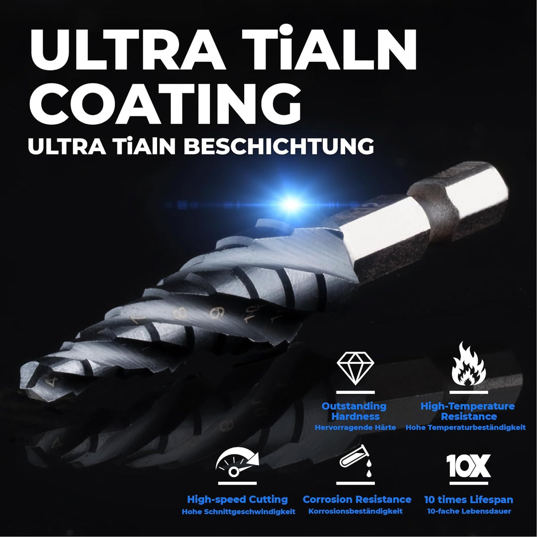 toolant® Kobalt HSS Stufenbohrer [6,35mm Schaft] - Ø 4-12mm Vier Spiralnuten Stufenbohrer,für Metall