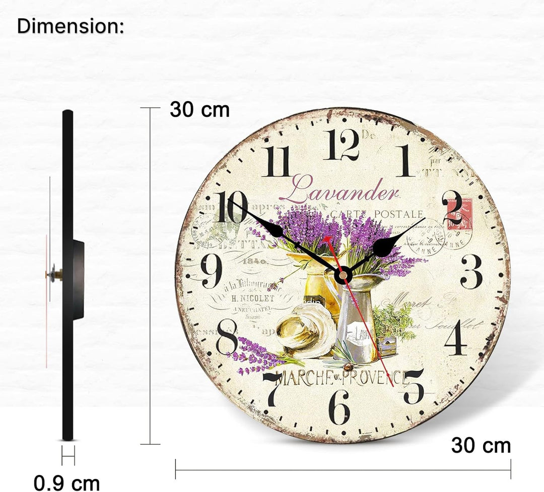 TAHEAT 30 cm Lila Lavendel Blume Wanduhr, Holz Rustikale Vintage Uhren, Leise Ohne Tickgeräusche Lan