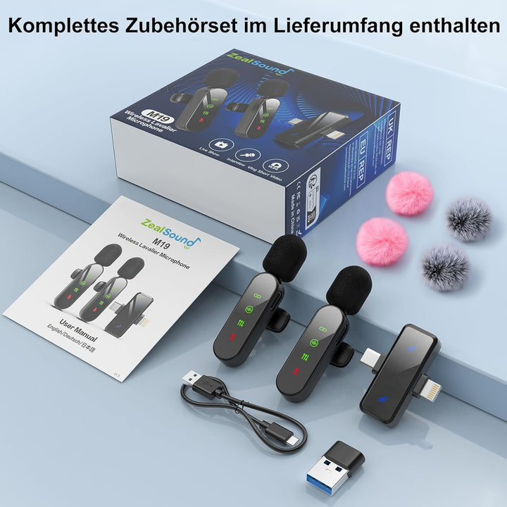 ZealSound M19 Kabelloses Lavalier-Mikrofon für iPhone/Android/PC/iPad, Ultraleichtes Ansteckmikrofon