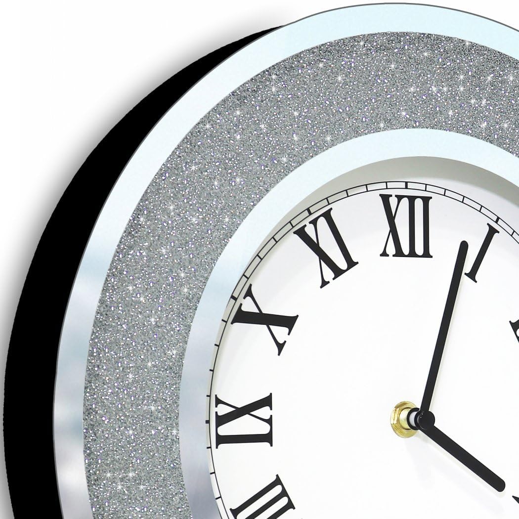 DMDFIRST Bling Silver Round Mirror Clock 12 inch Glam Sparkle Twinkle Shining Mirror Wall Clock for