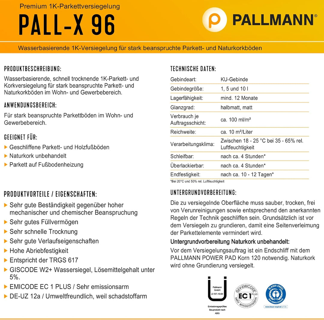Pallmann Pall-X 96 5L halbmatt 1K-Parkettversiegelung, vers. Grössen und Glanzgrad, für Wohn- und Ge