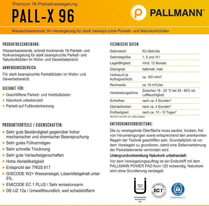 Pallmann Pall-X 96 5L halbmatt 1K-Parkettversiegelung, vers. Grössen und Glanzgrad, für Wohn- und Ge
