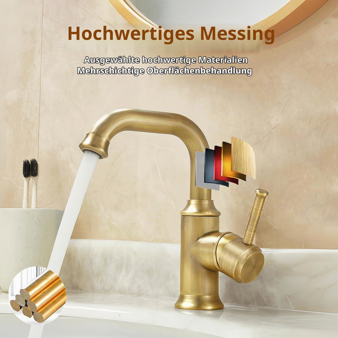 Wasserhahn Bad Antik Messing, Retro 360° Schwenkbar Waschtischarmatur,Einhebel Mischbatterie Waschbe