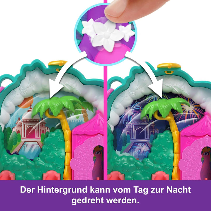 Polly Pocket-Puppen und Spielset, Peacock Garden-Schatulle, Reisespielzeug mit 2 kleinen Puppen und