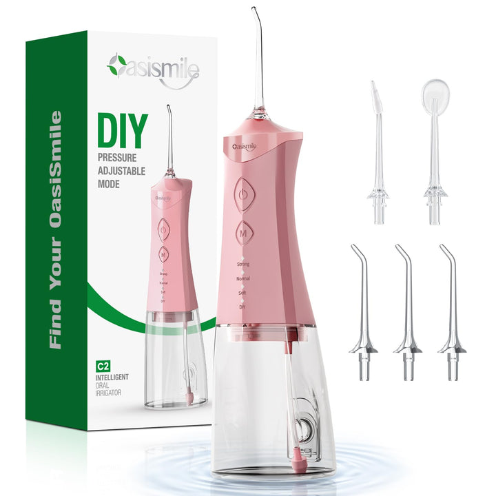 OasiSmile Kabellose Elektrische Munddusche, 4 Modi DIY Druck &amp; 5 Düsen,Rosa | Munddusche Testsieger