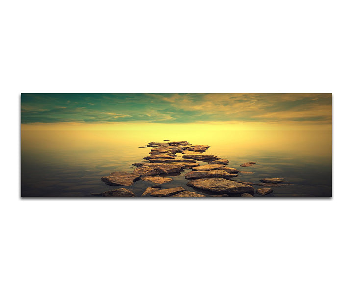 Paul Sinus Art Panoramabild auf Leinwand und Keilrahmen 150x50cm Meer Steine Nebel Wolken Morgenlich