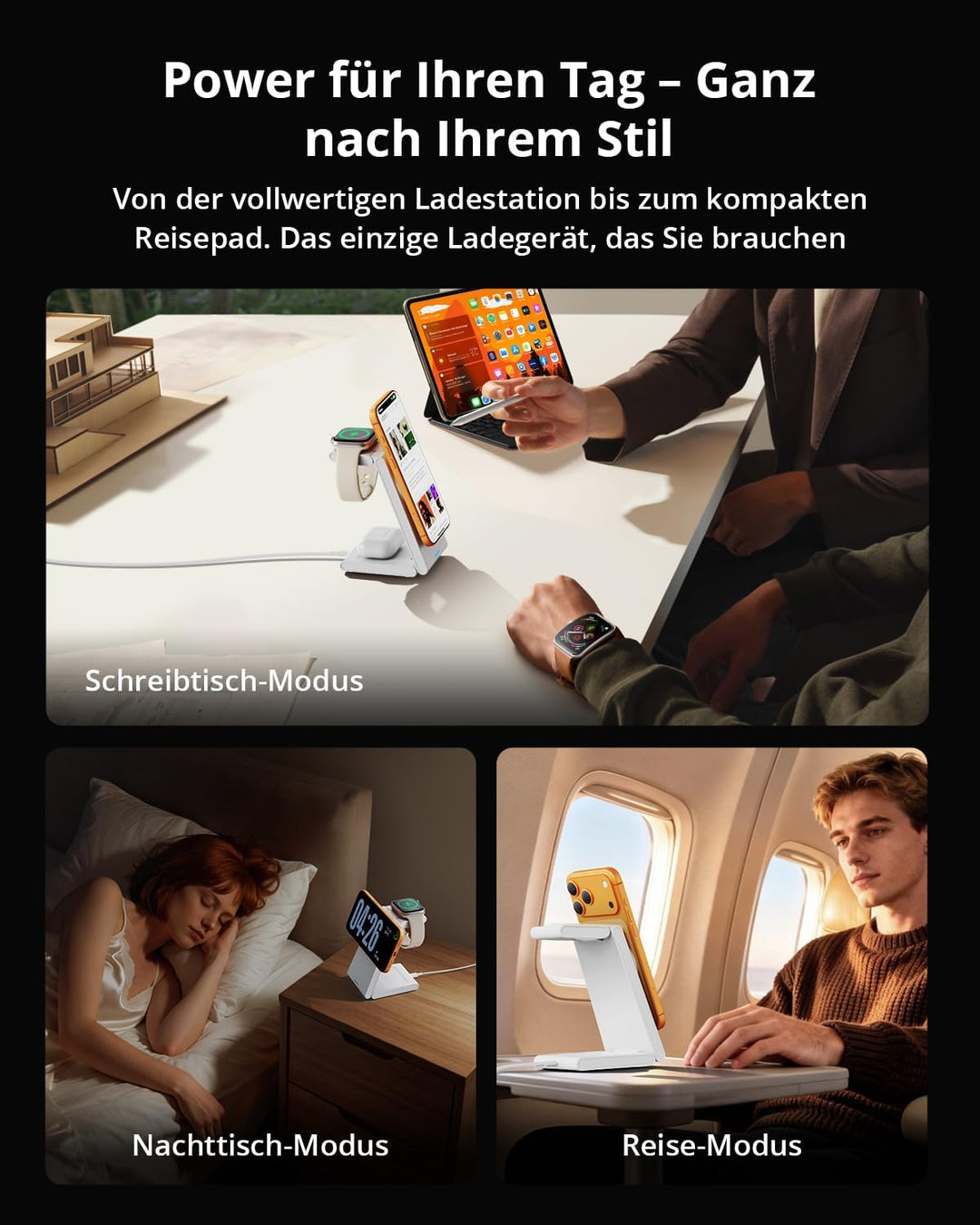GEEKERA 3-in-1 Faltbar Ladegerät für Mag-Safe, Induktive Ladestation für Apple Watch und iPhone, Ind