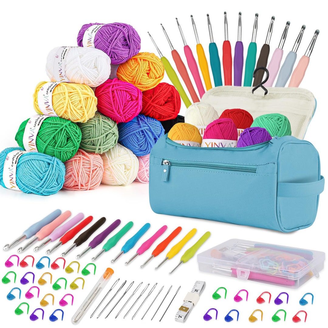 YINVA Beginners Häkelset für Anfänger Häkelnadel Set 15Pcsx25g Häkelgarn 2mm-8mm Ergonomische Häkeln