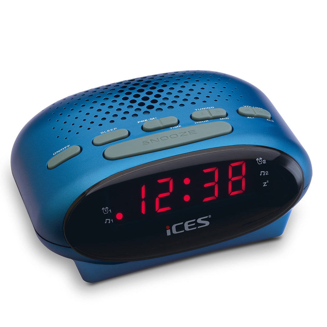 Ices ICR-210 Blue - FM Uhrenradio - Radiowecker mit 2 Weckzeiten - PLL FM - Schlummerfunktion - Slee
