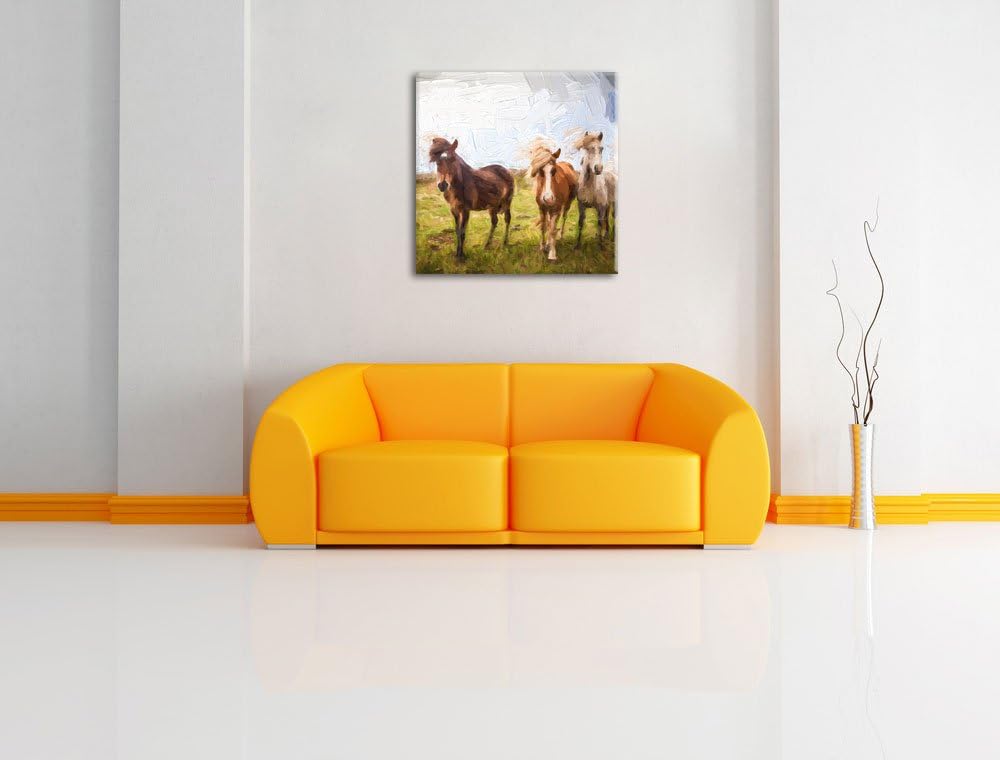 Pixxprint DREI Wilde Islandpferde Pinsel Effekt, Format: 70x70 auf Leinwand, 70x70